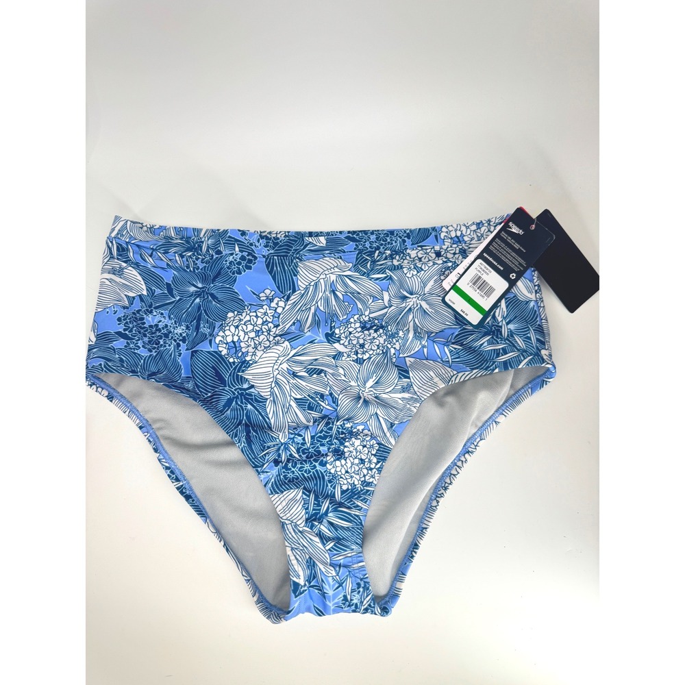 Speedo Bikini Bottom Women L Blue Floral High Waist Swim Brief UPF 50+ NWT